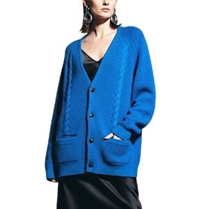 Vintage 50s 60s pure wool cobalt blue cable knit grandpa cardigan sweater L